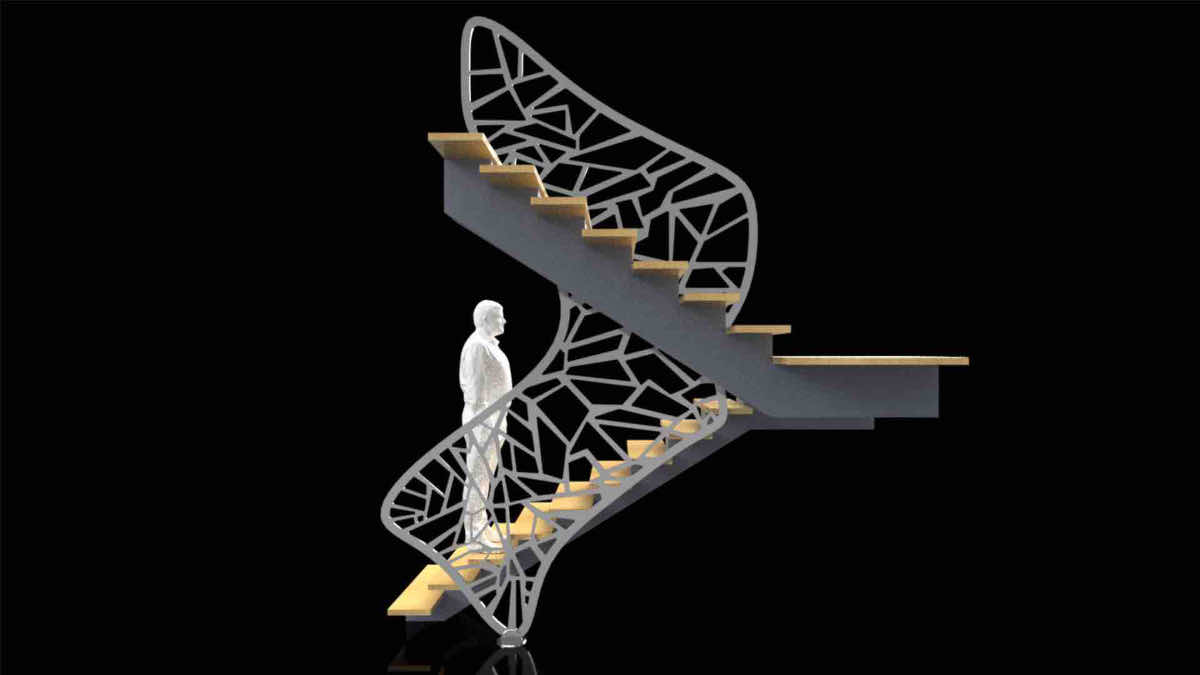 Render 3D del progetto corrimano Butterfly con figura umana di riferimento per la scala