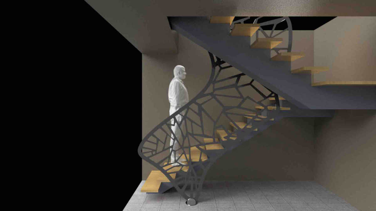 Render del corrimano Butterfly inserito nell'ambiente, verifica di proporzioni e ingombri