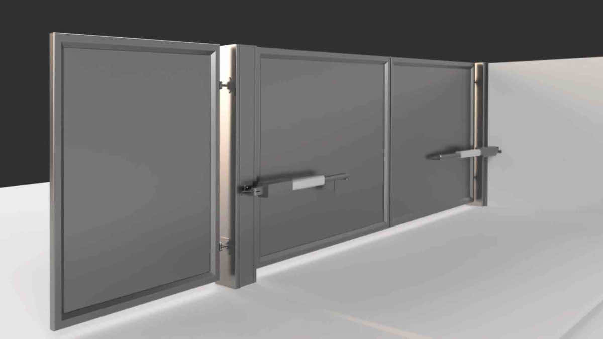 Render 3D del cancello con predisposizione dei pistoni idraulici di apertura