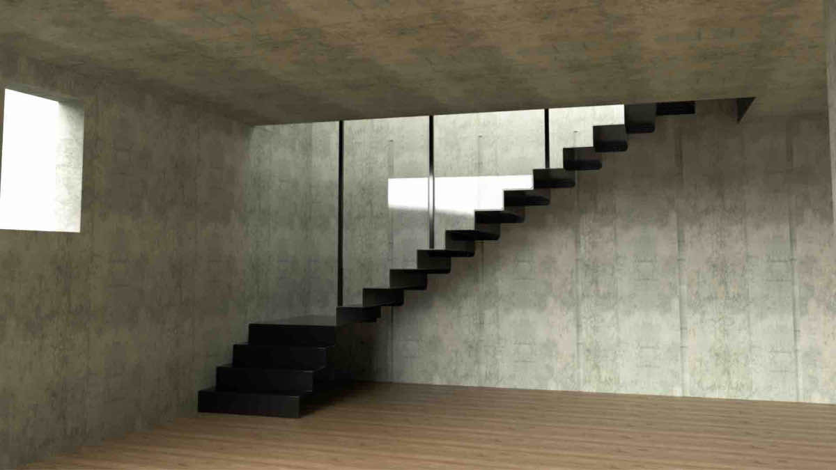 Render concettuale dell'alternativa di progetto con tubi quadri e parapetto in vetro, vista d'insieme del vano scala
