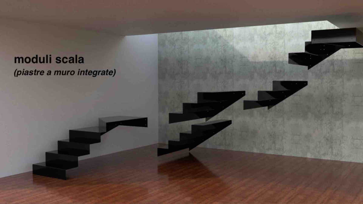 Render 3D con l'assieme dei moduli della scala a sbalzo