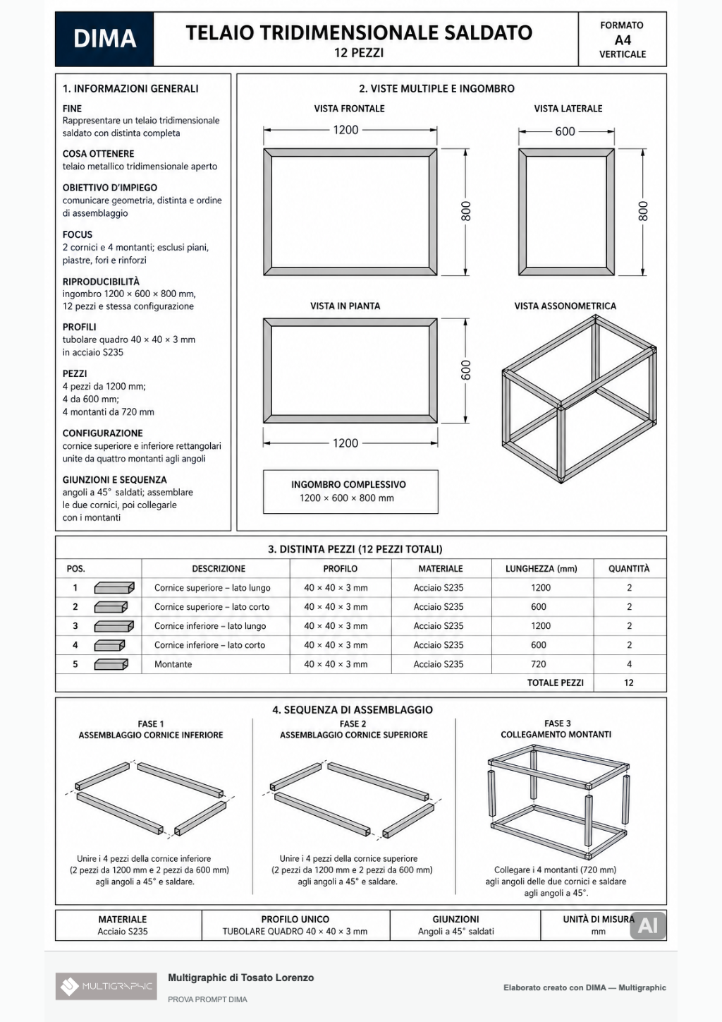 Elaborato dimensionale DIMA per un telaio tridimensionale saldato