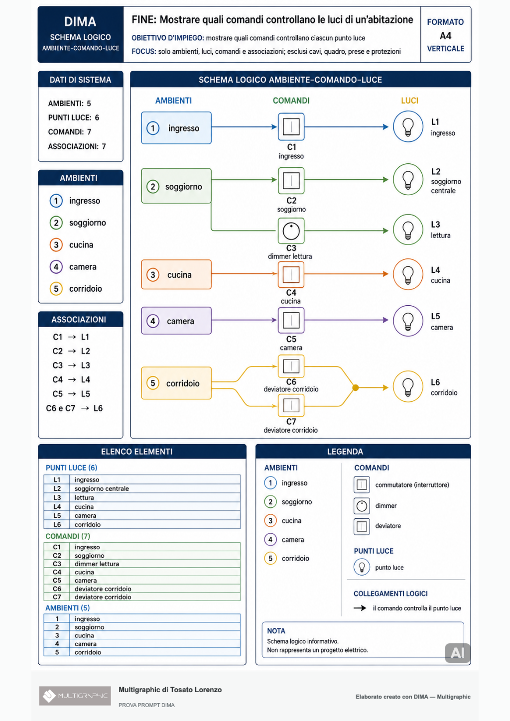 Schema organizzativo DIMA per la gestione delle luci di un’abitazione
