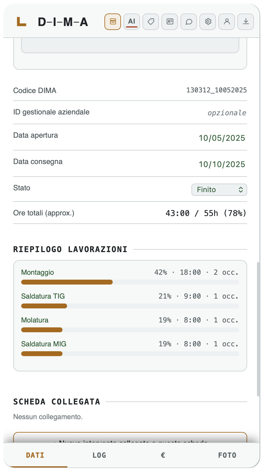 Schermata DIMA con dati, riepilogo lavorazioni e comandi rapidi