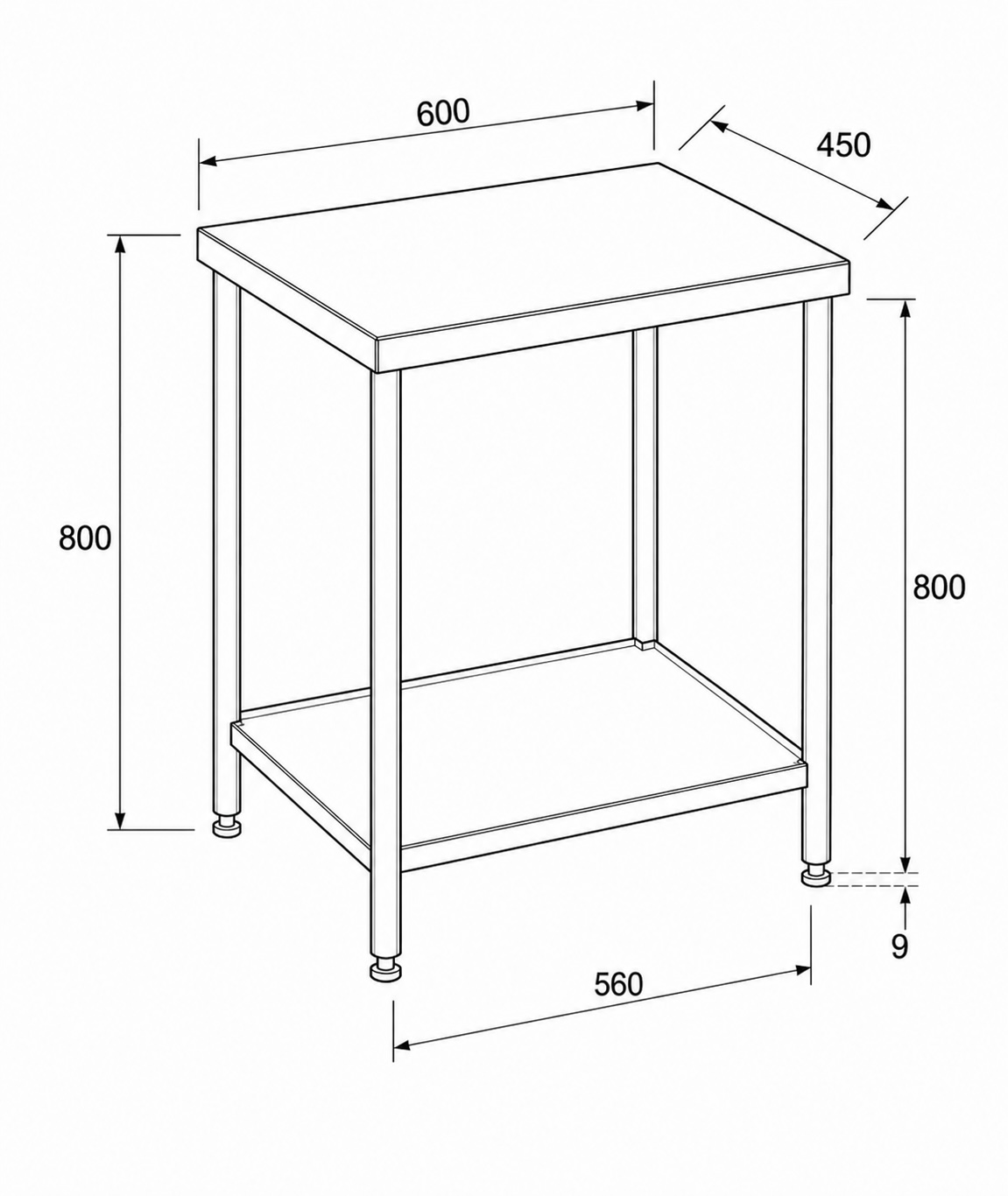 Disegno quotato completo del tavolino inox