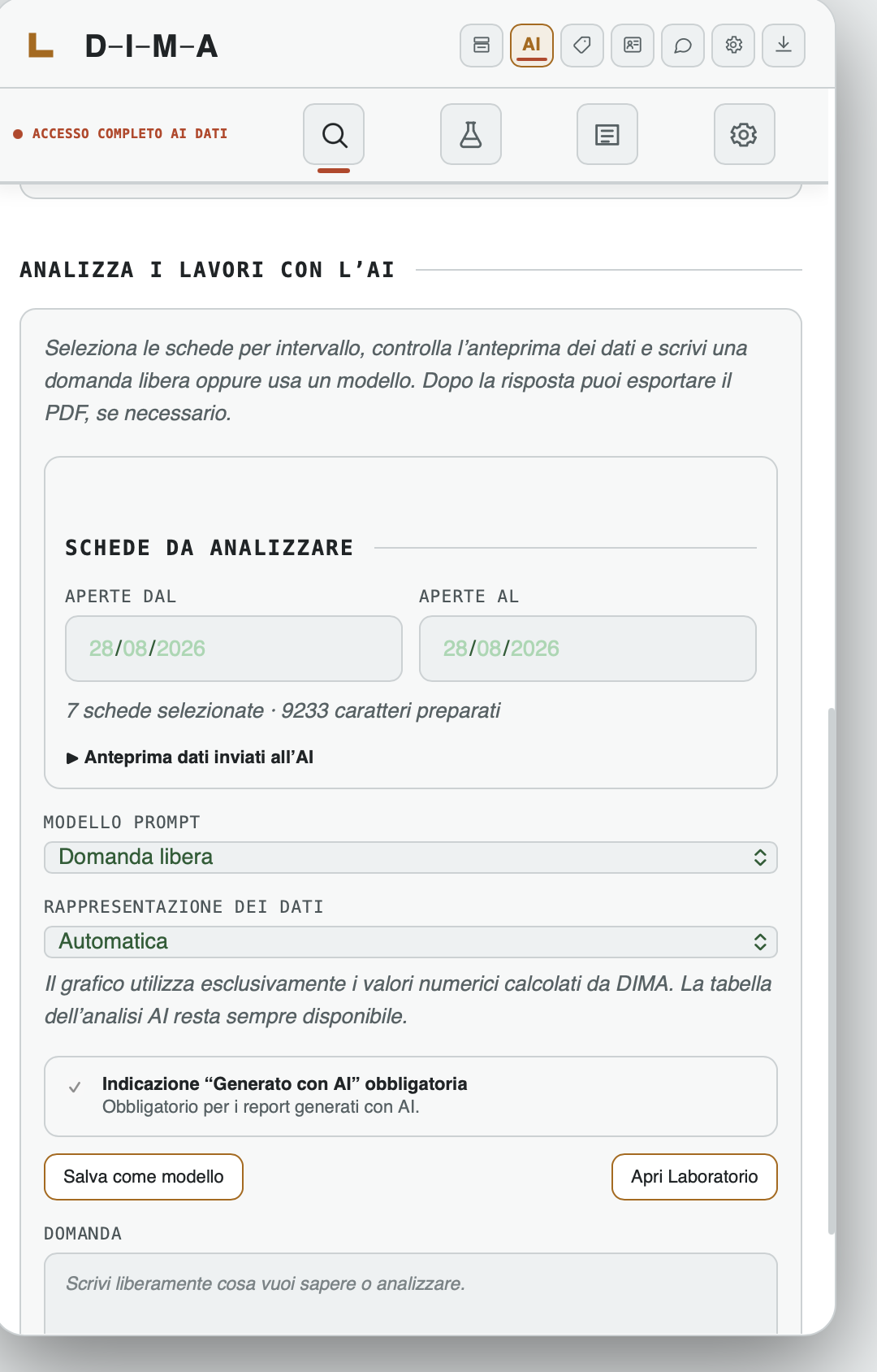 Controlli di selezione e impostazione di Chiedi a DIMA