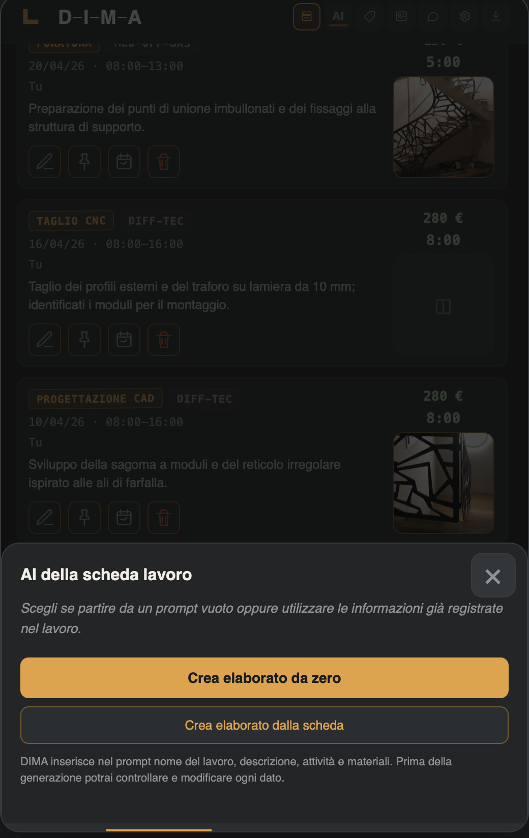 Apertura della creazione di un elaborato dalla scheda